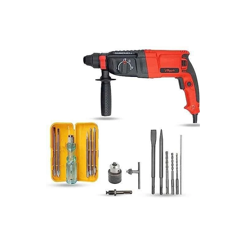 Hillgrove HGCM1257 1200W Hammer Impact Drill Machine with 5 SDS Plus Bits Drill Chuck SDS Adapter & 5-in-1 Screwdriver image-1