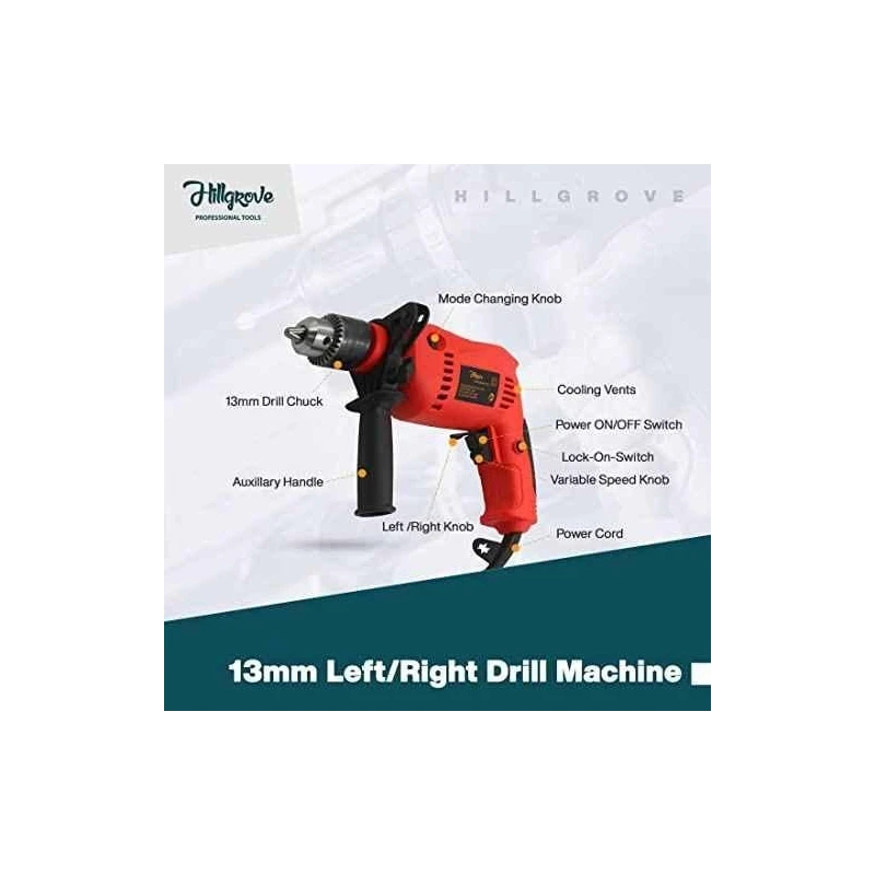 Hillgrove HGCM1351 700W 13mm Power Drill Machine with 9 Drill Bits & Measuring Tape image-6
