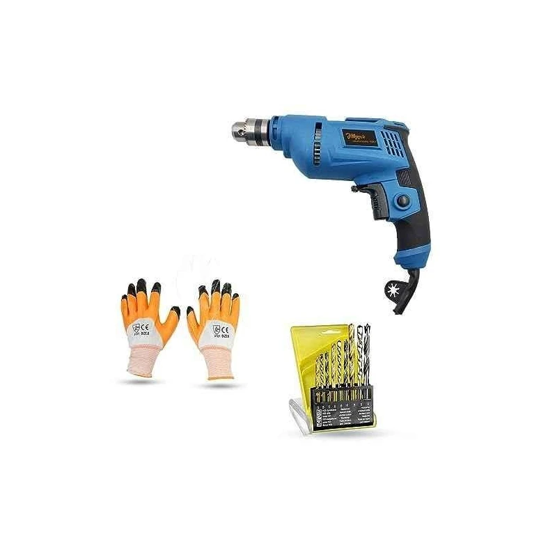 Hillgrove HGCM1362 500W 10mm Power Drill Machine with 9 Drill Bits & Gloves image-1