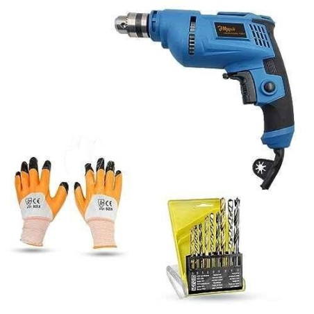 Hillgrove HGCM1362 500W 10mm Power Drill Machine with 9 Drill Bits & Gloves image-1