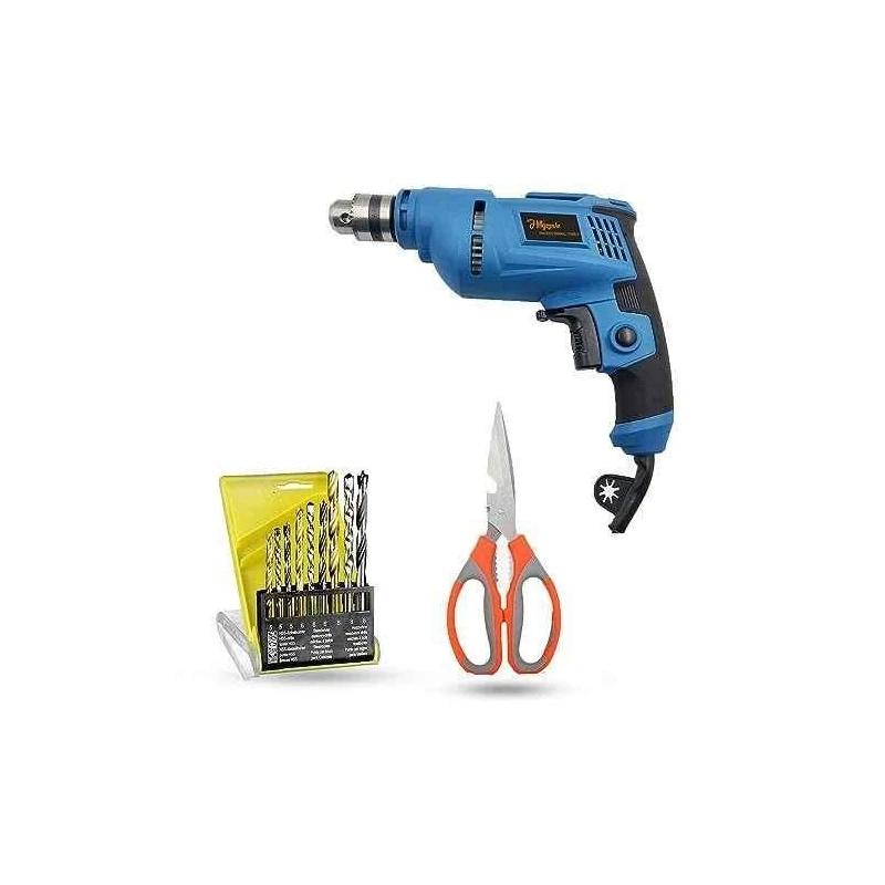 Hillgrove HGCM1363 500W 10mm Power Drill Machine with 9 Drill Bits & Scissor image-3