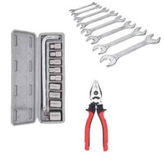 Hillgrove HGCM404M1 10-Piece Hex Socket Spanner Set with 8-Piece Double Open End Wrench Set & 8-Inch Plier image-1