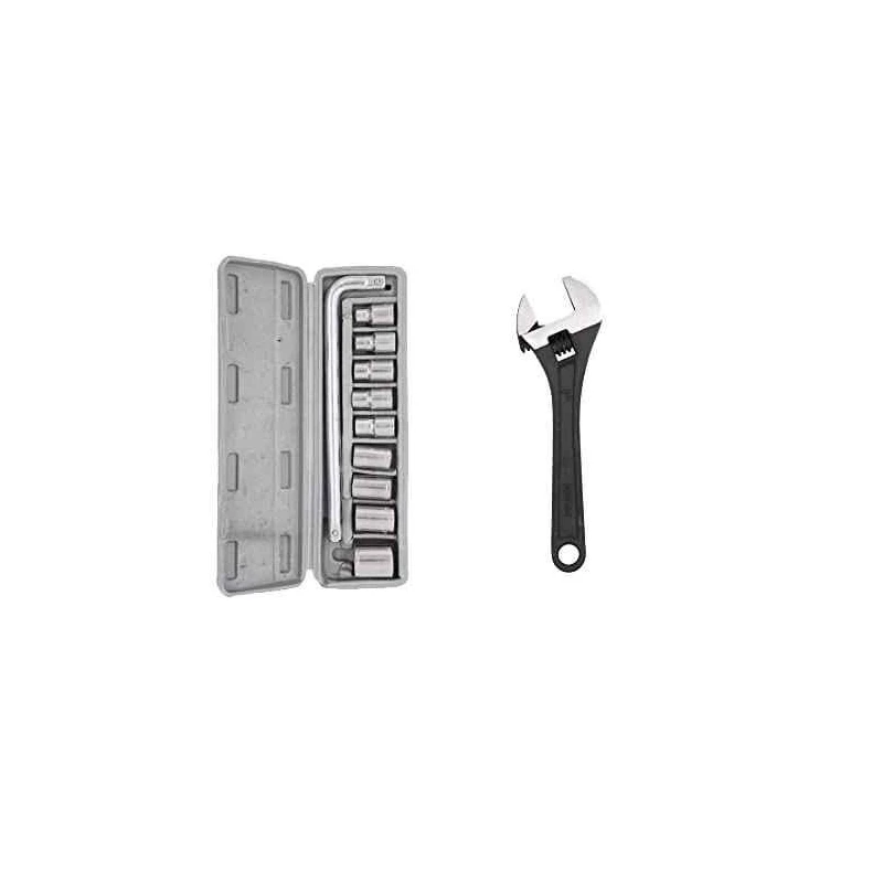 Hillgrove HGCM52M1 10-Piece Chrome Vanadium Steel Hex Socket Spanner Set with 8-Inch Adjustable Wrench image-1