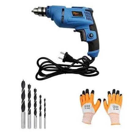 Hillgrove HGCM145 500W 2800rpm 10mm Drill Machine with Gloves and 5-Piece Wood Drill Bit Set image-1