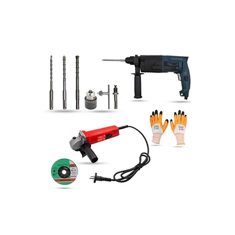 Hillgrove HGCM866 750W Hammer Impact Drill Machine with Angle Grinder 3 SDS Plus Bits Drill Chuck SDS Adapter and Gloves image-5