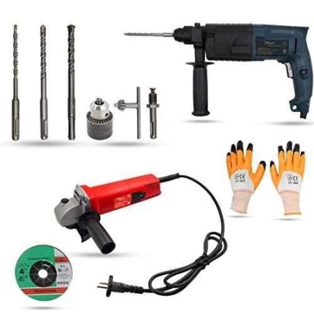 Hillgrove HGCM866 750W Hammer Impact Drill Machine with Angle Grinder 3 SDS Plus Bits Drill Chuck SDS Adapter and Gloves image-5