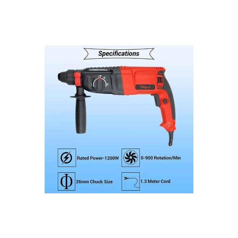 Hillgrove HG0085 1200W 26mm Red Hammer Drill Machine with 5 Bits and Carry Case image-2