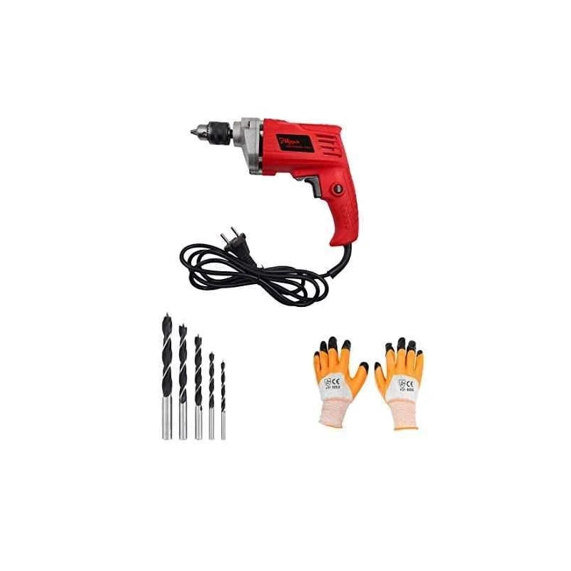 Hillgrove HGCM146 550W 2800rpm 10 mm Drill Machine with Gloves & 5 Pcs Wood Drill Bit Set image-1