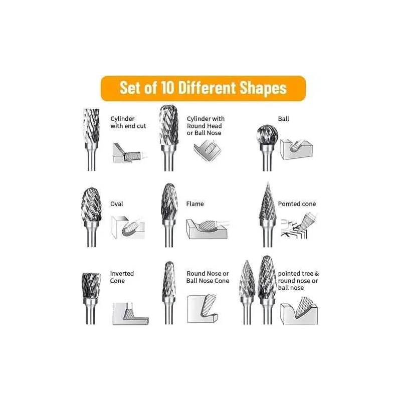 MECRAAF 10 Pcs 0.25 inch Tungsten Carbide Steel Double Cut Rotary Burrs Set image-6