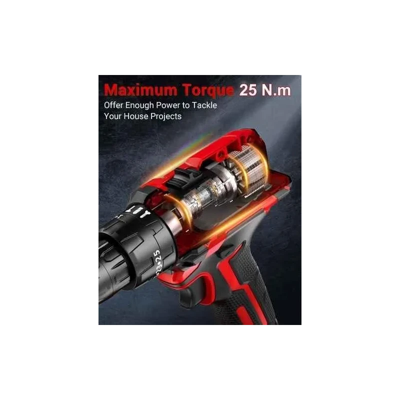 MECRAAF 25 Pcs 21V 38Nm 0-1350rpm Cordless Drill Machine Kit with 25+1 Torque Setting image-8