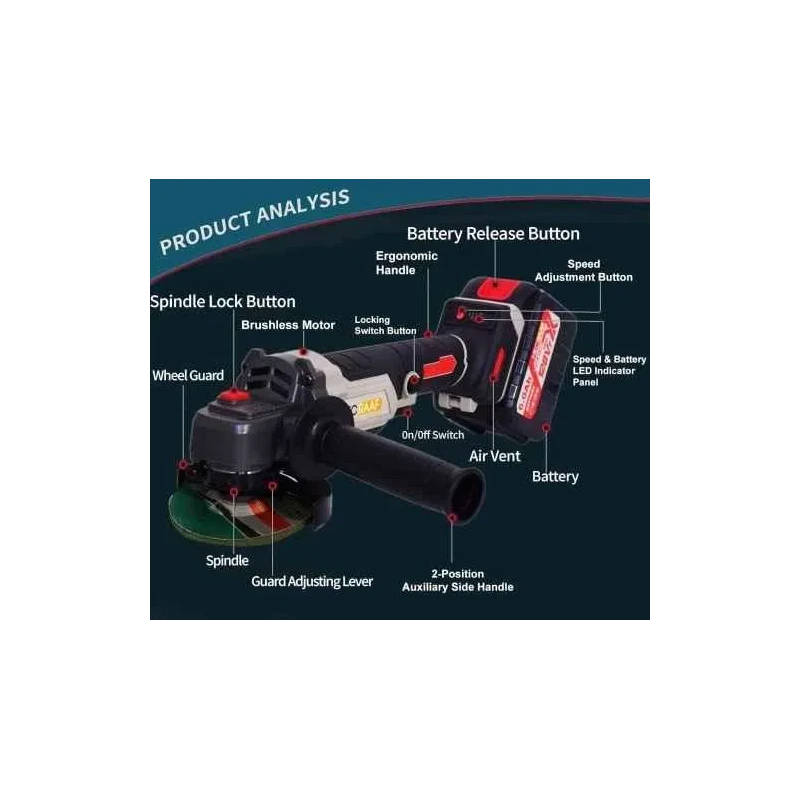 MECRAAF 10000rpm Cordless Angle Grinder with 2 Pcs 21V 6Ah Batteries & Fast Charger image-8