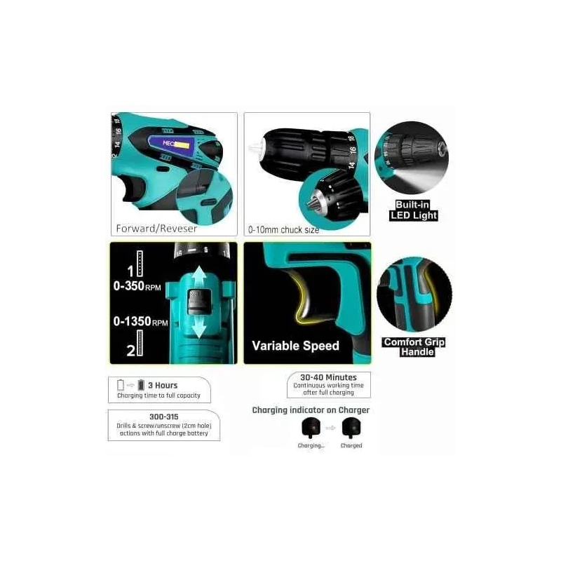 MECRAAF 12V 1.5Ah 10mm Green Cordless Drill with LED Work Light image-5