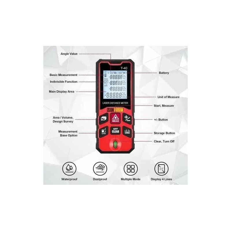 MECRAAF 0.05-40m Laser Distance Measuring Meter Tape with Backlit LCD & Pythagorean Mode image-6