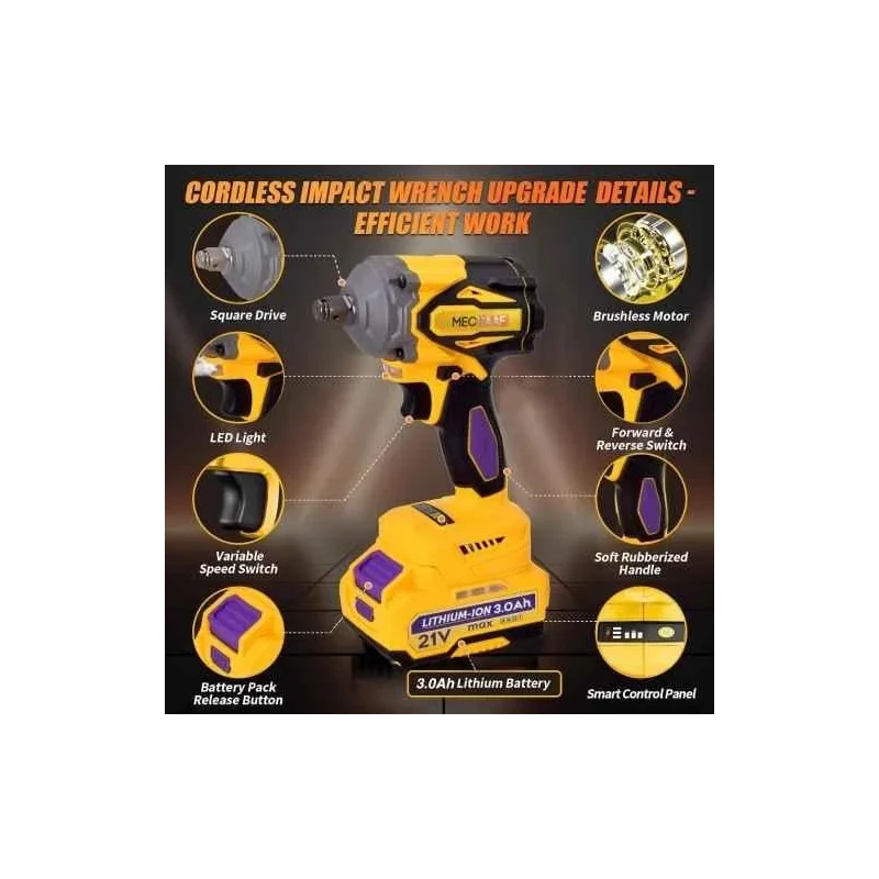 MECRAAF 21V 3Ah Yellow Cordless Impact Wrench with LED Work Light image-3