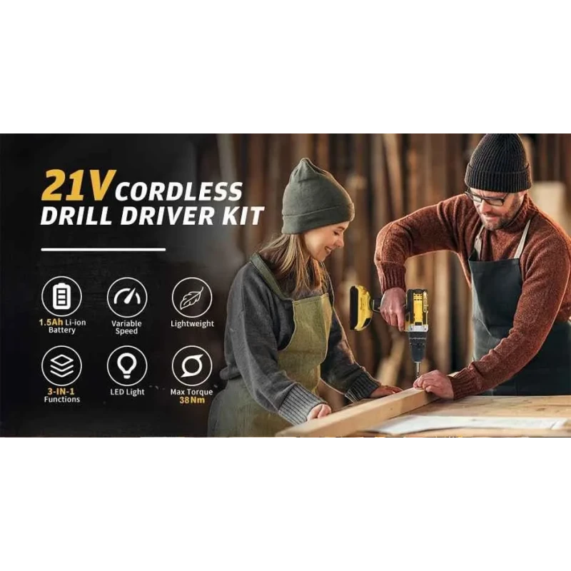 MECRAAF 21V 1.5Ah 10mm Yellow Cordless Drill with LED Work Light image-1