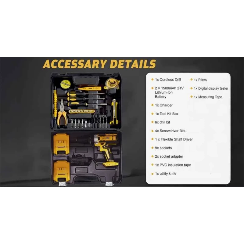 MECRAAF 21V 1.5Ah 10mm Yellow Cordless Drill with LED Work Light image-3