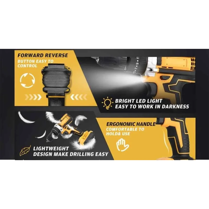 MECRAAF 21V 1.5Ah 10mm Yellow Cordless Drill with LED Work Light image-4