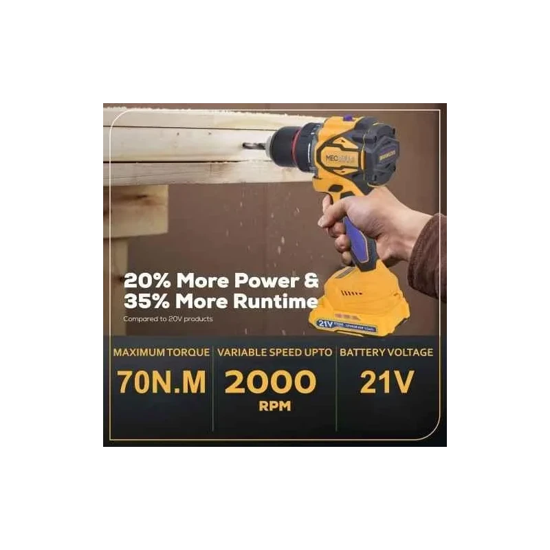 MECRAAF 21V 1.5Ah 10mm Yellow Cordless Drill with LED Work Light image-7