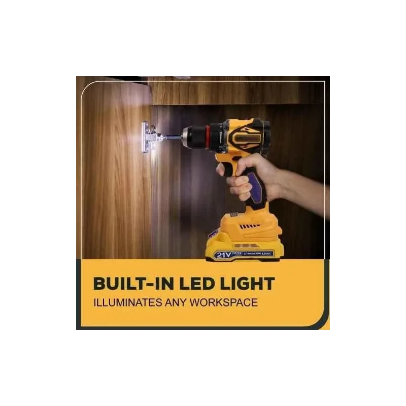 MECRAAF 21V 1.5Ah 10mm Yellow Cordless Drill with LED Work Light image-10