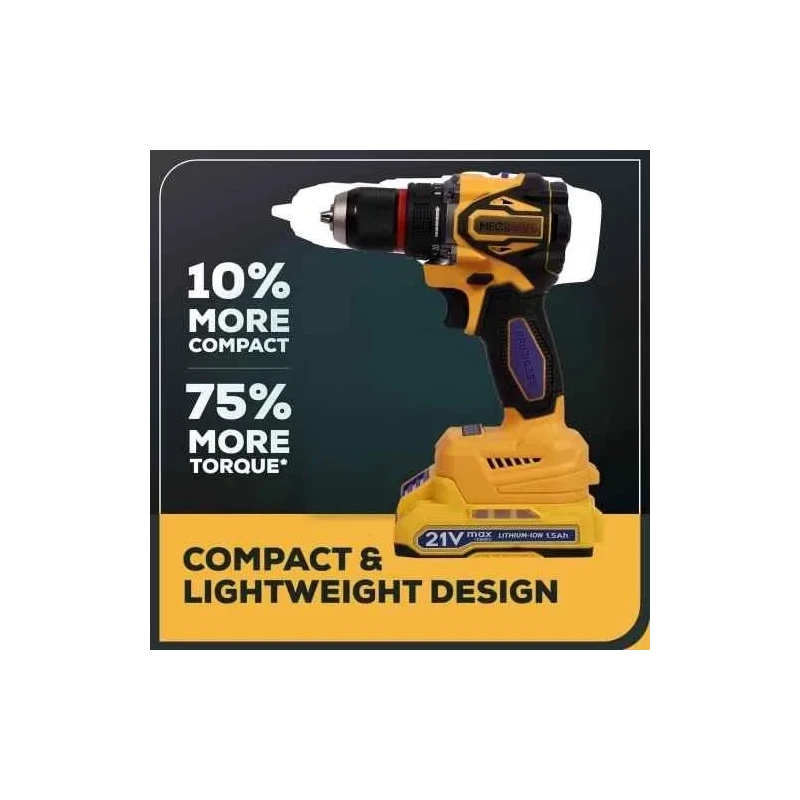 MECRAAF 21V 1.5Ah 10mm Yellow Cordless Drill with LED Work Light image-11