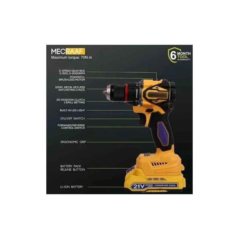 MECRAAF 21V 1.5Ah 10mm Yellow Cordless Drill with LED Work Light image-13