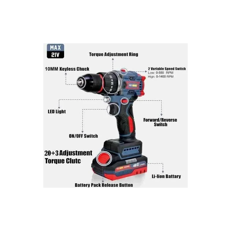 MECRAAF 21V 48Vf 10mm Blue Cordless Drill with LED Work Light image-10