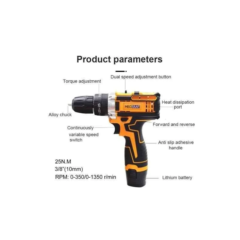 MECRAAF 12V 1.5Ah 10mm Yellow Cordless Drill with LED Work Light image-5