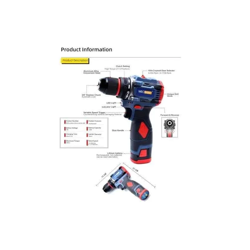 MECRAAF 18V 2Ah 10mm Blue & Red Cordless Drill with LED Work Light MC-18 image-7