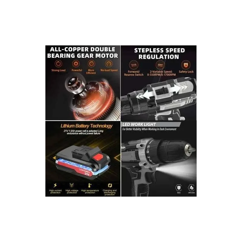 MECRAAF 21V 1.5Ah 0.8-10mm Cordless Drill with LED Work Light image-8