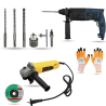 Hillgrove HGCM865 750W Hammer Impact Drill Machine with Angle Grinder 3 SDS Plus Bits Drill Chuck SDS Plus Adapter and Gloves