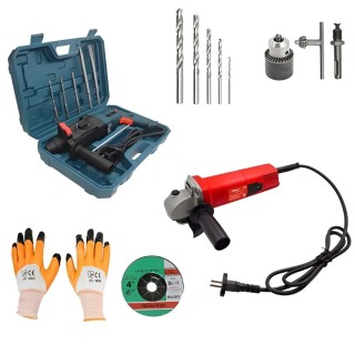 Hillgrove HGCM371M1 Tool Combo with Hammer Drill Angle Grinder Adapter Drill Chuck & Bits-1