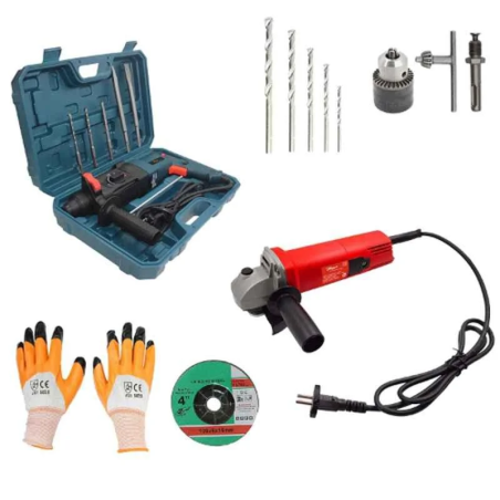 Hillgrove HGCM370M1 1200W Hammer Drill Machine & 850W Angle Grinder Combo with SDS Adapter Chuck 5 SDS Plus & 5 Masonry Bits-1