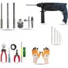 Hillgrove HGCM875 750W Hammer Impact Drill Machine with Drill Chuck 3 SDS Plus Bits SDS Adapter 5 HSS Drill Bits & Gloves