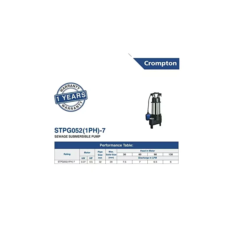 Crompton Greaves STPG052(1PH)-8 Sewage Submersible Pump 0.5 HP, 230V, Cast Iron | EnvMart