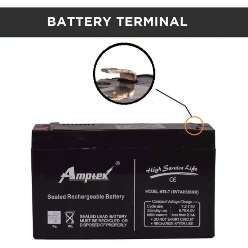 Amptek AT6-7 Sealed Rechargeable SMF Battery 6V 7Ah Black Valve-Regulated VRLA | EnvMart
