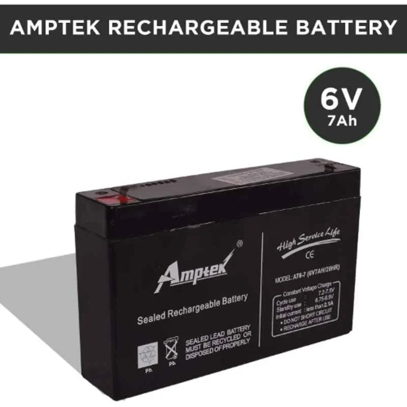 Amptek AT6-7 Sealed Rechargeable SMF Battery 6V 7Ah Black Valve-Regulated VRLA | EnvMart