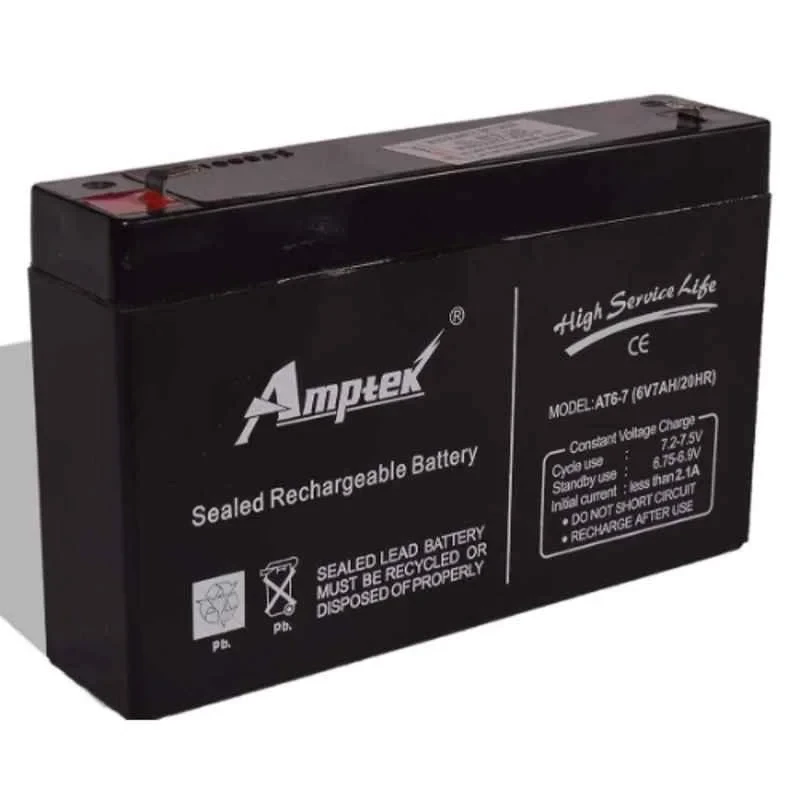 Amptek AT6-7 Sealed Rechargeable SMF Battery 6V 7Ah Black Valve-Regulated VRLA | EnvMart