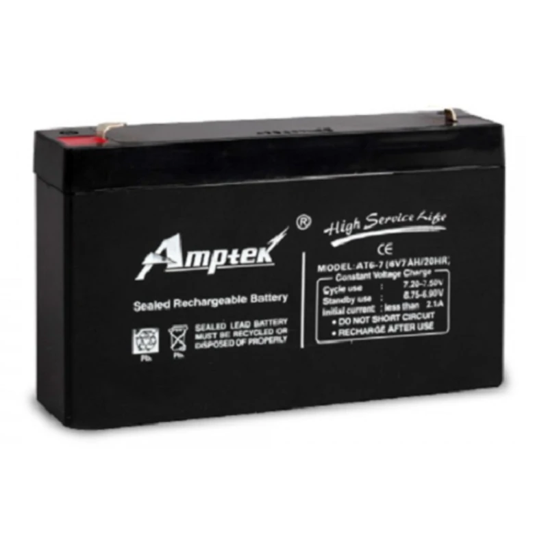 Amptek AT6-7 Sealed Rechargeable SMF Battery 6V 7Ah Black Valve-Regulated VRLA | EnvMart