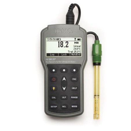 Ultra Pure Water EC/Resistivity Portable Meter HI98197, 0.001 µS/cm, Four-Ring Probe | EnvMart