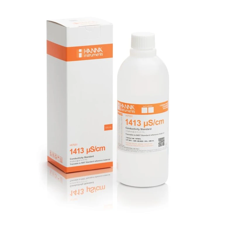 1413 µS/cm Conductivity Standard Solution HI7031L, 500mL Bottle, NIST Traceable | EnvMart