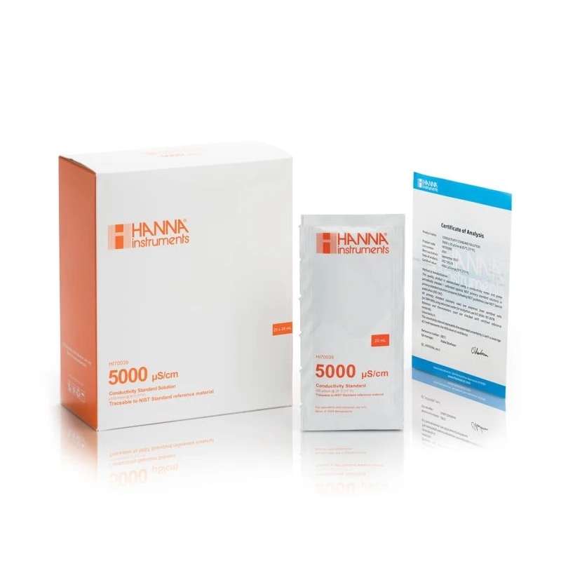 5000 µS/cm Conductivity Standard Sachets HI70039C, 25 x 20 mL, Certificate of Analysis | EnvMart