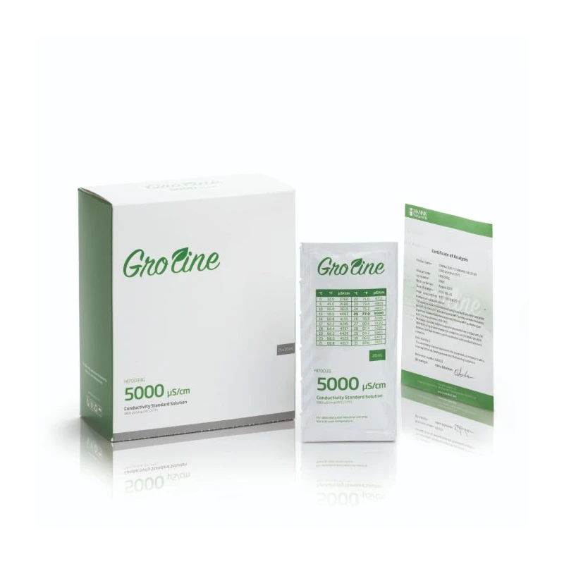 GroLine HI70039G 5000 µS/cm Conductivity Standard Sachets, 25 x 20 mL, Certificate of Analysis | EnvMart