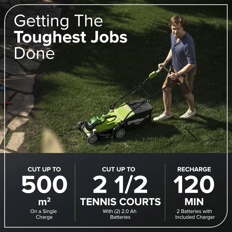 Greenworks 2501907UC Cordless Lawnmower 40V, 35cm, 2x2Ah Batteries, 40L Bag | EnvMart