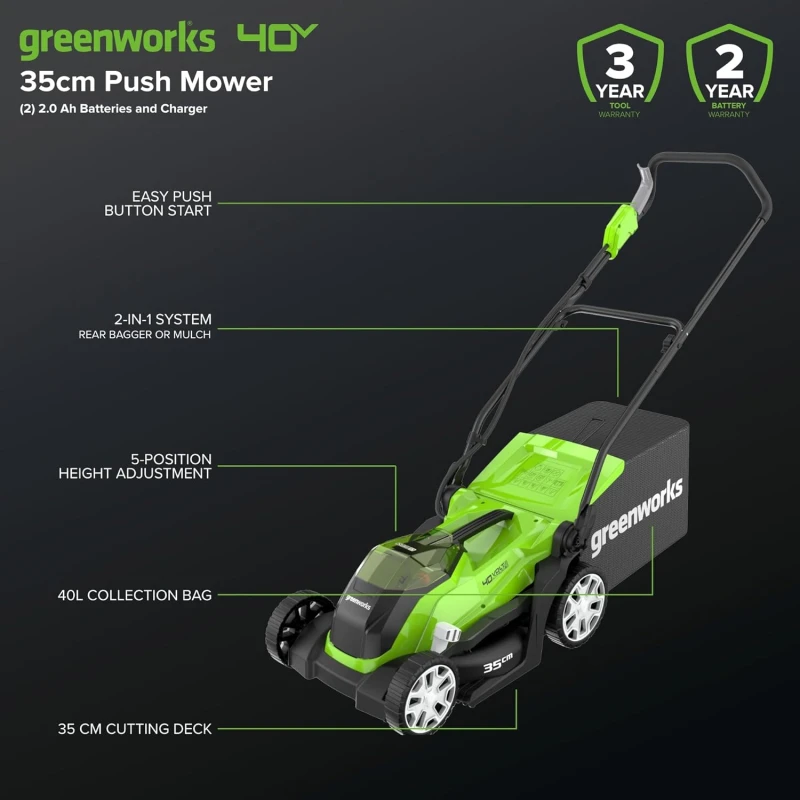Greenworks 2501907UC Cordless Lawnmower 40V, 35cm, 2x2Ah Batteries, 40L Bag | EnvMart