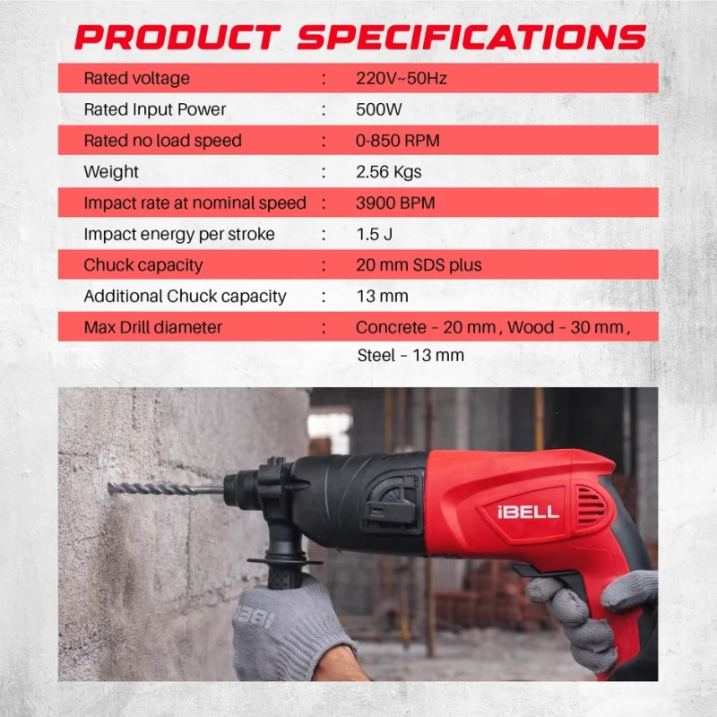 iBELL RH20-25 20 mm Hammer Drill 500W 220V SDS Plus Rotary Hammer | EnvMart