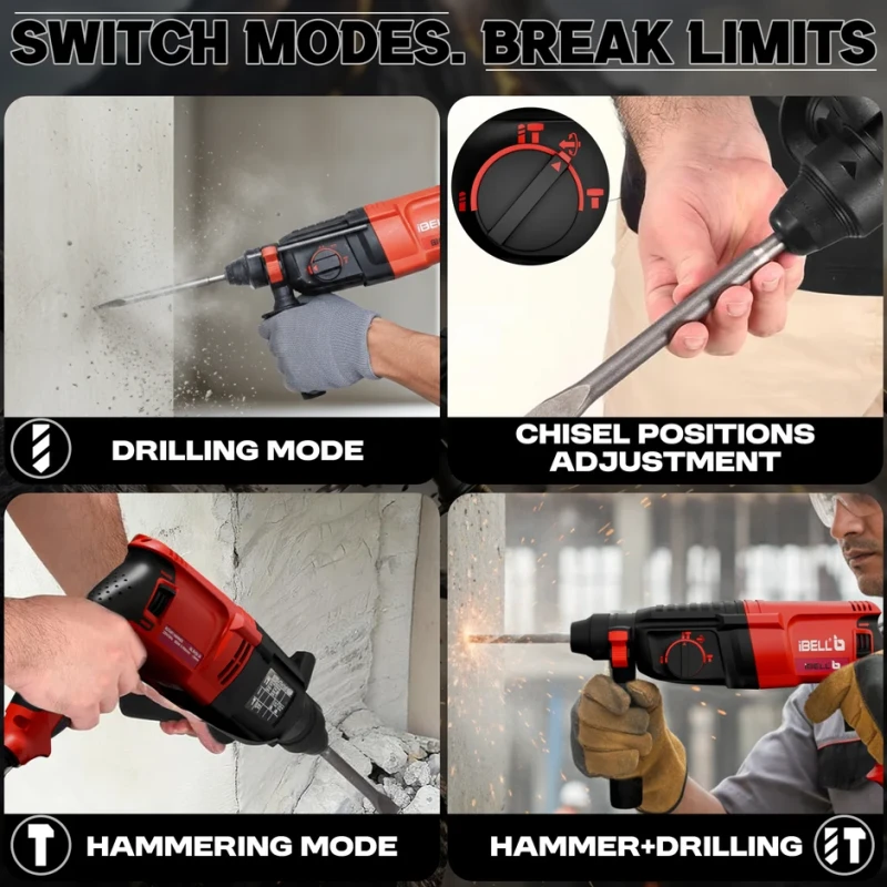iBELL RH26-24 Rotary Hammer Drill 26mm 800W 220V SDS-Plus 3-Function | EnvMart