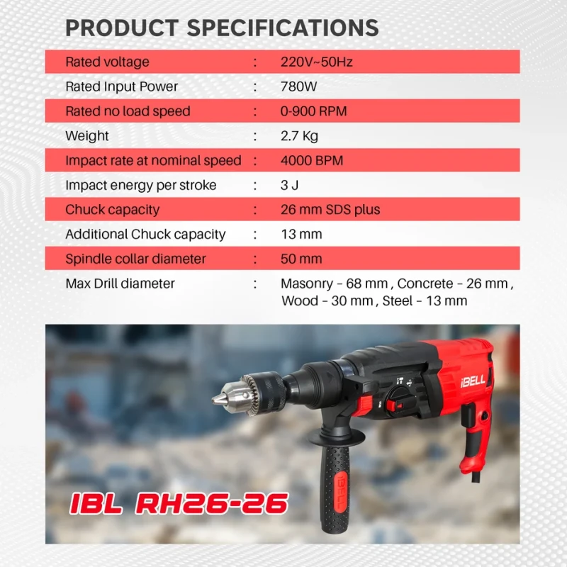 RH 26-26 Hammer Drill 780W SDS Plus 26mm 3J Impact Energy, 900 RPM, 4000 BPM | EnvMart