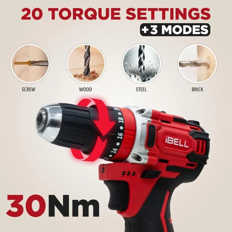 iBELL Cordless Impact Drill Toolbox 12V 1500mAh 101-Piece Kit Brushless | EnvMart