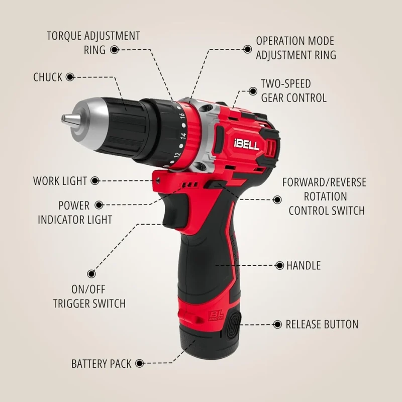 iBELL Cordless Impact Drill Toolbox 12V 1500mAh 101-Piece Kit Brushless | EnvMart