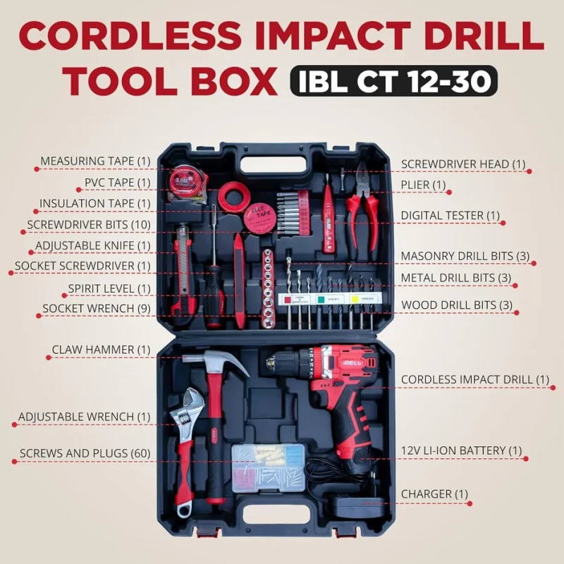 iBELL Cordless Impact Drill Toolbox 12V 1500mAh 101-Piece Kit Brushless | EnvMart
